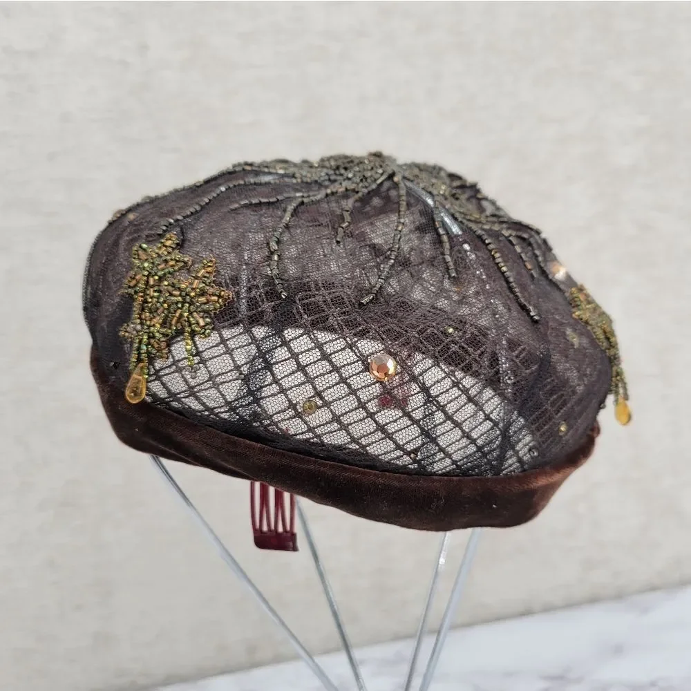 50s Tambour Embroidery Beaded Women's Hat Facinator Pillbox Mesh - Picture 3 of 16